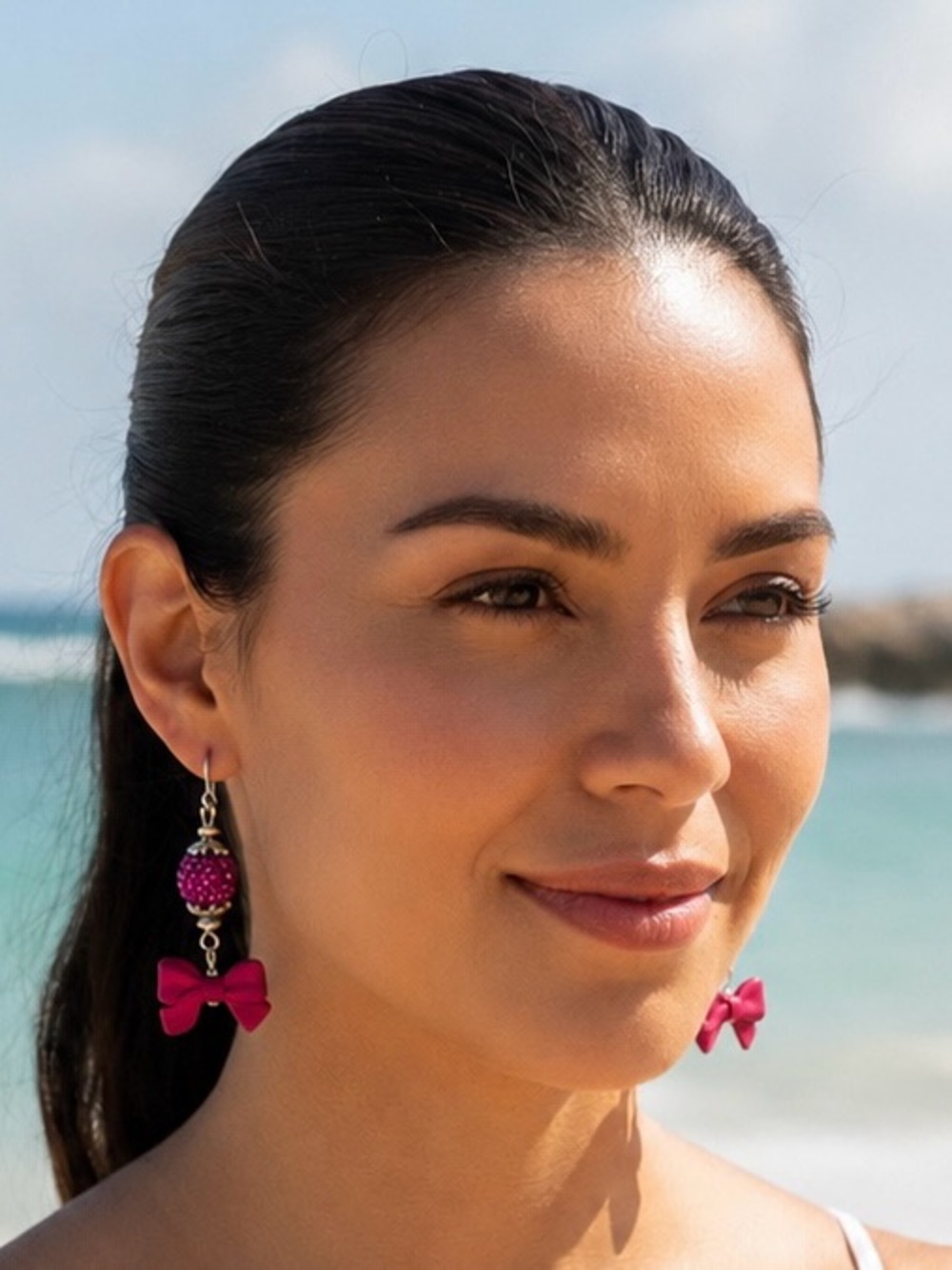 Elegant Fuchsia Bow and Sparkling Rhinestone Earrings